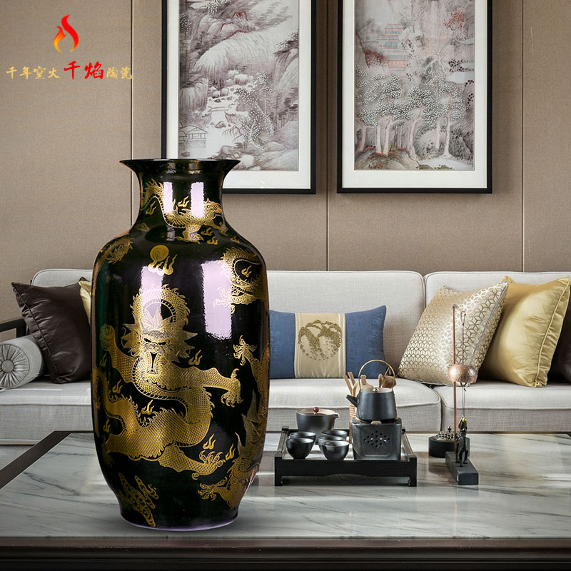 Jingdezhen ceramic vase, black paint dragon flower arrangement of modern Chinese style household flower arrangement sitting room TV ark, furnishing articles