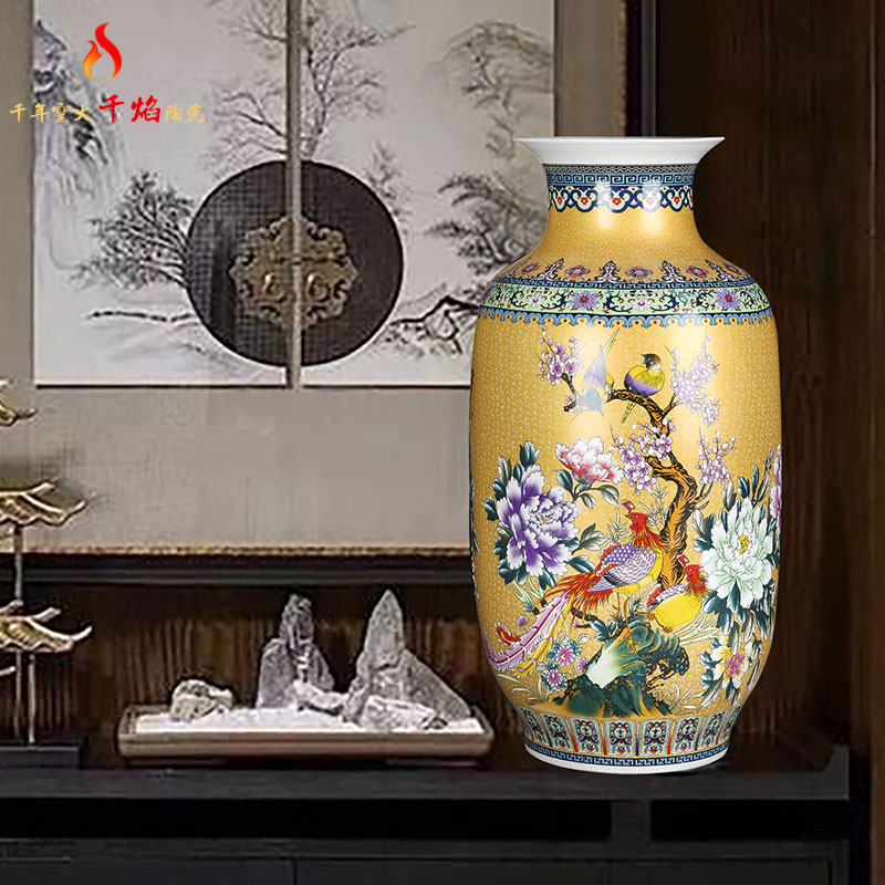 Jingdezhen ceramics yellow colored enamel big vase painting of flowers and household flower arrangement sitting room adornment TV ark, furnishing articles