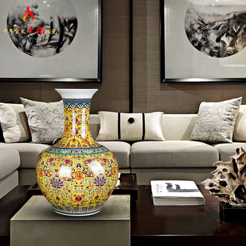 Jingdezhen ceramic yellow colored enamel big vase fu lu shou home flower arrangement sitting room adornment TV ark, furnishing articles