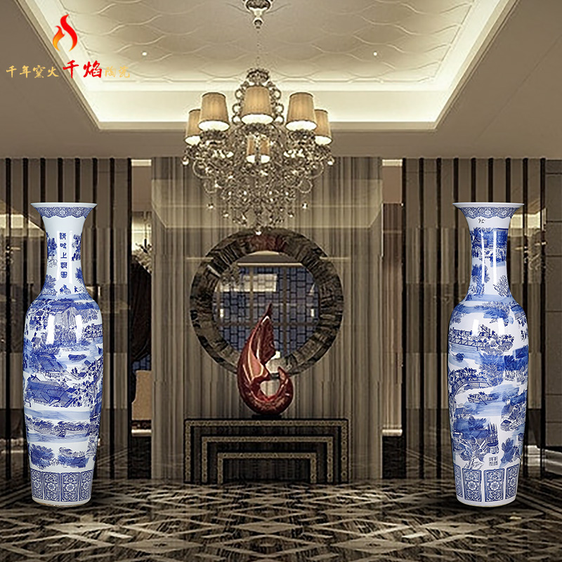 Jingdezhen ceramic of large blue and white porcelain vase opening Chinese flower arrangement sitting room adornment is placed qingming scroll