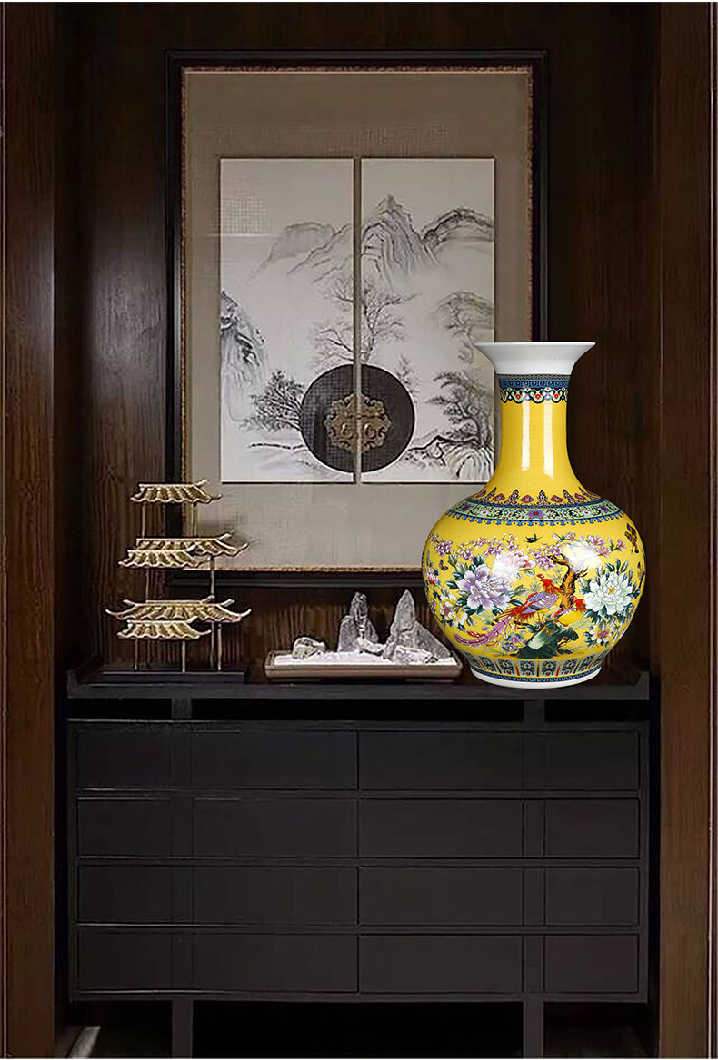 Jingdezhen ceramics yellow colored enamel big vase painting of flowers and household flower arrangement sitting room adornment rich ancient frame furnishing articles