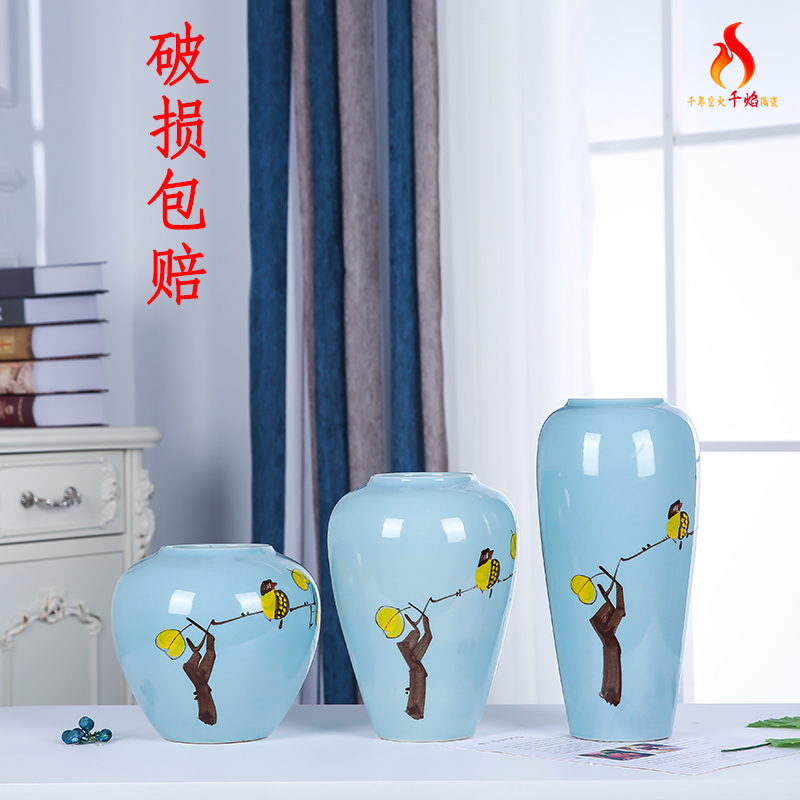 Jingdezhen ceramics vase desktop sitting room, the study of modern Chinese style is contracted fashion three - piece furnishing articles and flowers and birds
