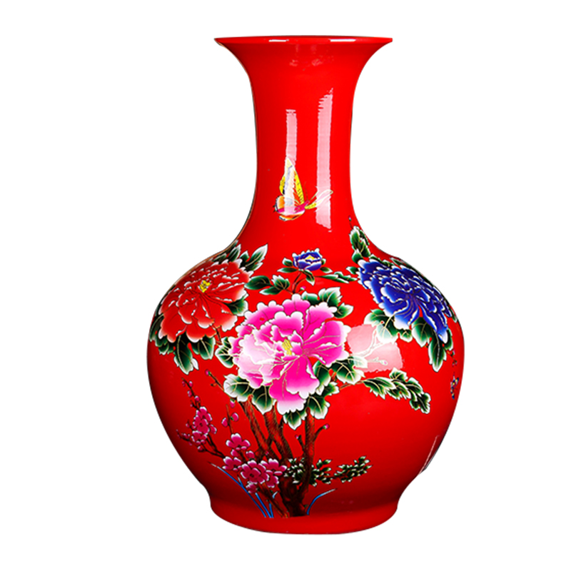 Jingdezhen ceramics vase of red flowers prosperous new Chinese style household design large living room TV ark, furnishing articles