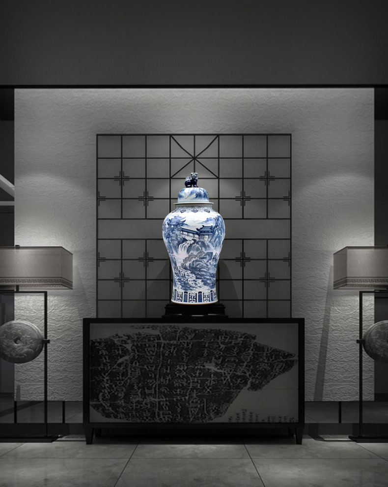 Jingdezhen ceramics large storage tank is blue and white landscape general tank sitting room TV ark, archaize rich ancient frame furnishing articles