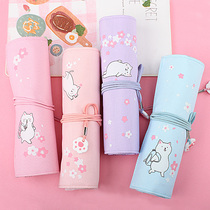 Cherry blossom cat roll pen bag girl heart ins stationery box roller shutter bag multi-functional cute cartoon simple large capacity junior high school students canvas for girls and children