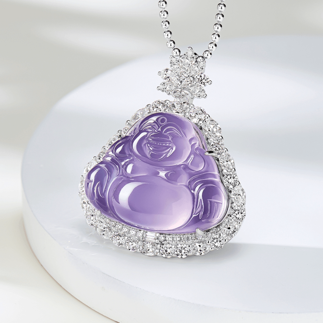 Серебряное ожерелье 新中式花头巴西紫玉髓围镶小佛公吊坠项链女925银镀金轻奢高级感