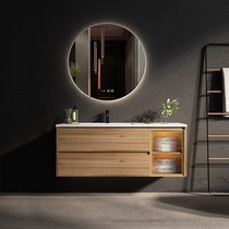 Nordic modern minimalist ceramic integrated intelligent mirror cabinet solid wood washbasin washing table small family type bath cabinet composition