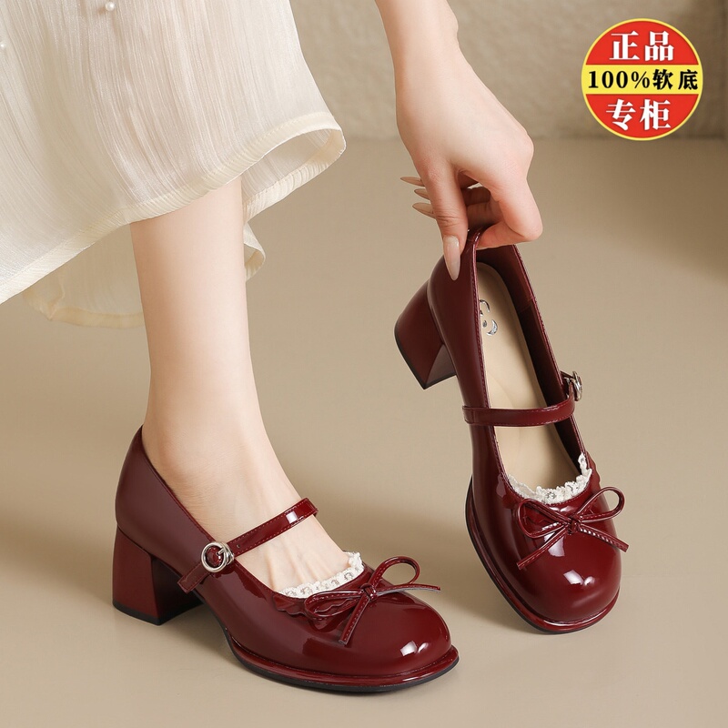 Brand Red Mary Jane Shoes for Women 2026 Spring and Summer New French Style Chunky Heel Single Shoes Elegant Soft-Soled High-Heeled Shoes