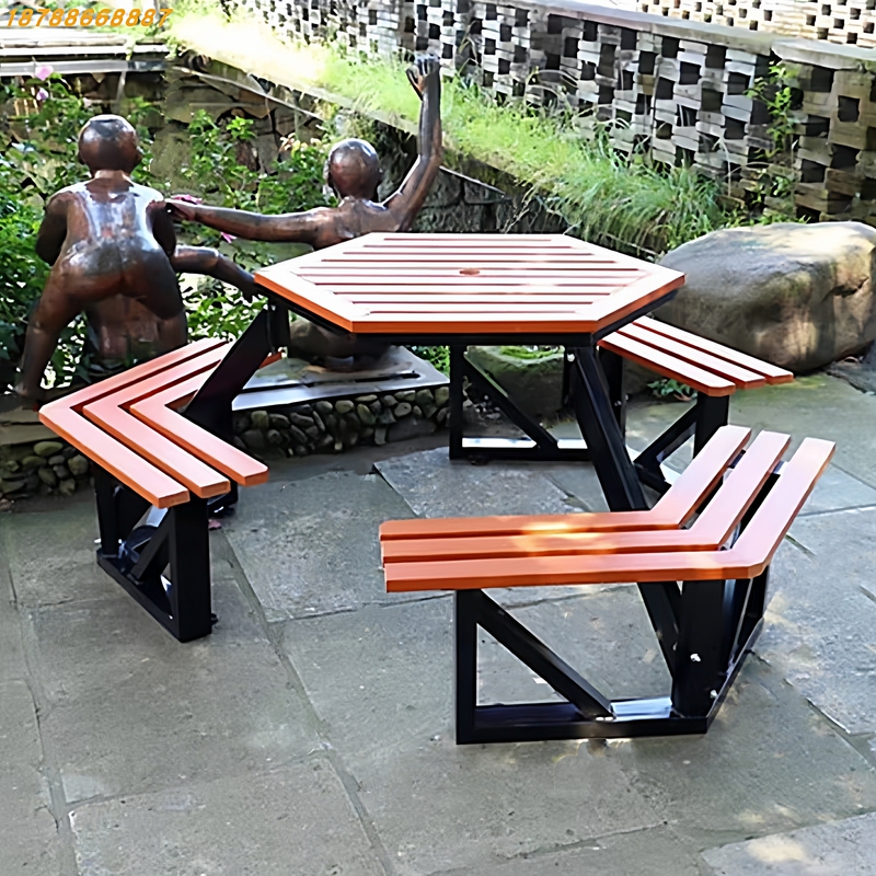 Outdoor One-Piece Tables and Chairs Park Night Market Commercial Street Leisure Solid Wood Hexagonal Chess and Card Leisure Area Plastic Wood Combination Table