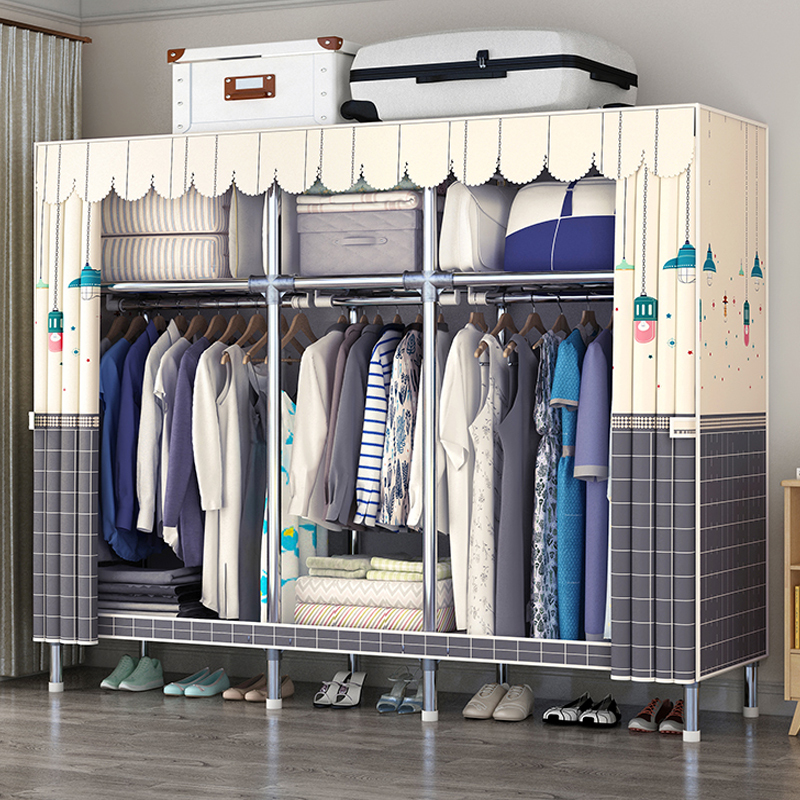 Wardrobe Home Bedroom Simple Assembly Cloth Wardrobe Full Steel Frame Plus Coarse Thickened Rental House Sturdy And Durable Large Closet