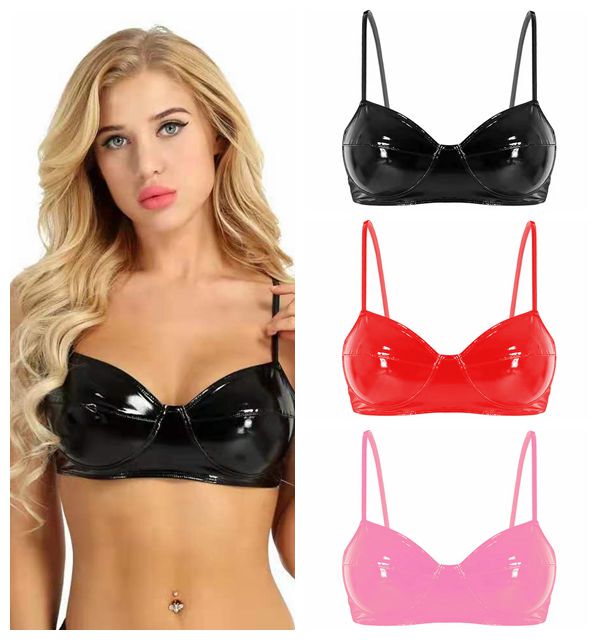 High-Gloss Sexy Patent Leather Bra Nightclub Pvc Mirror Surface Anchor Pole Dancing Tight-Fitting High-Elastic Glossy Push-Up Bra