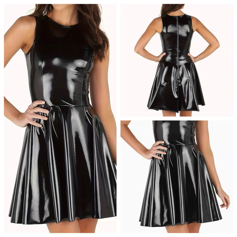Plus Size Pu Leather Dress, Leather Dress, Glossy Leather, Sexy Pleated Short Skirt, Umbrella Skirt, Stretchy Nightclub Dress