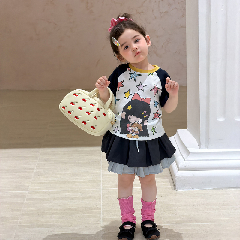 Girls' Short-Sleeved T-Shirt, Summer Thin Style 2026, Stylish Cartoon Raglan Sleeve Children's Clothing, Korean Style A-Class Baby Girl Top