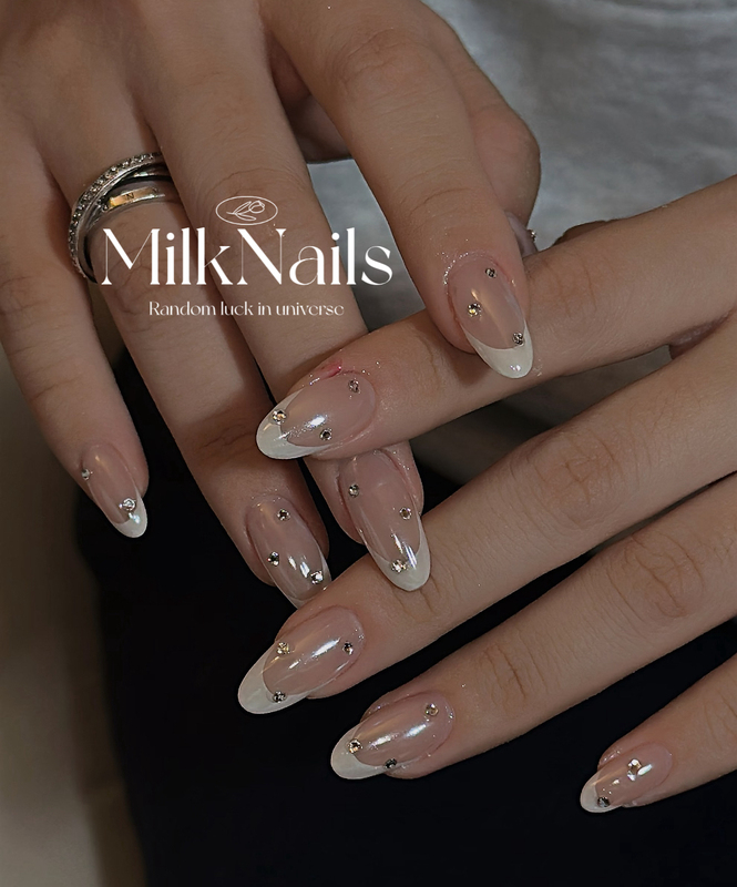 Milknails Handmade Wearable Nails French White Edge Diamond High-End Accessible Luxury Solid Color Almond Manicure Milknails Handmade Wearable Nails French White Edge Diamond High-End Accessible Luxury Solid Color Almond Manicure