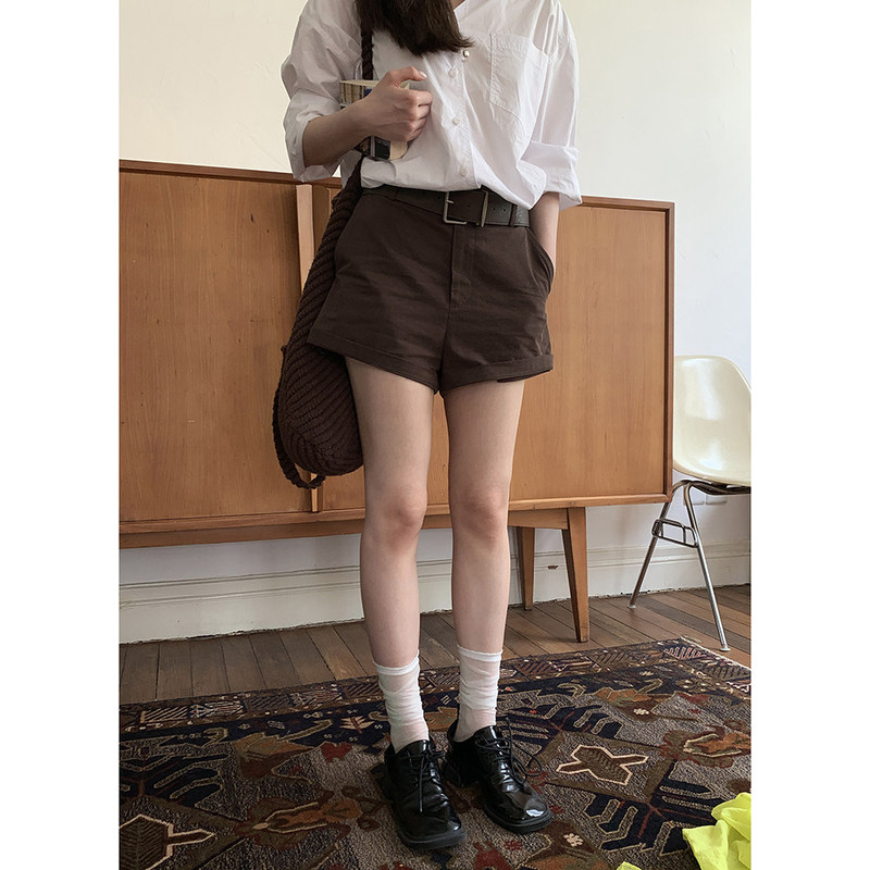 American Retro Slim-Fit Casual Shorts 2025 Summer Versatile Brown Straight-Leg Pants for Women
