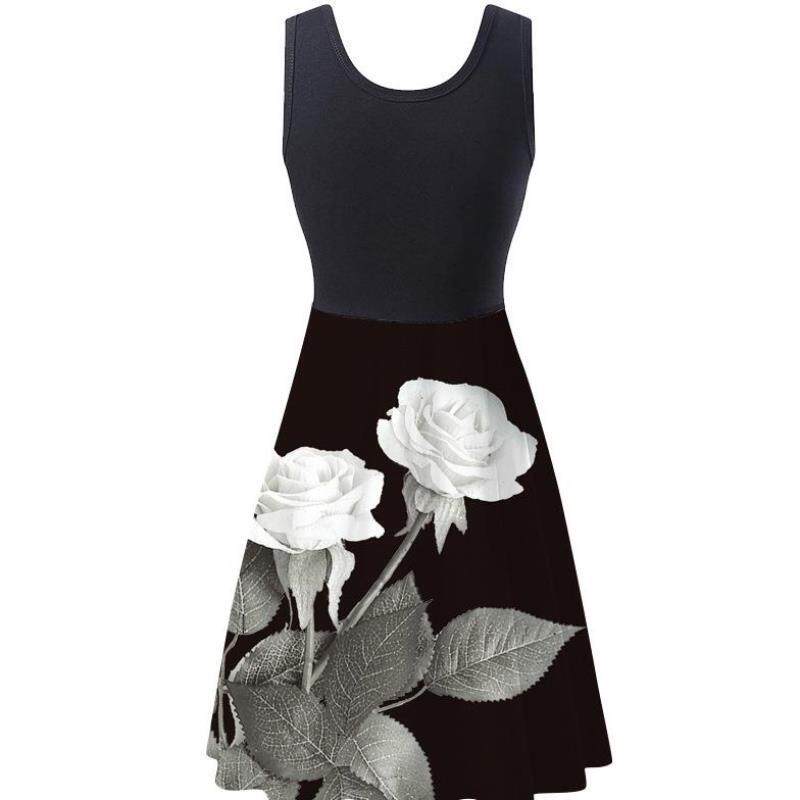 Ms - 5 sleeveless round collar diital print dress female