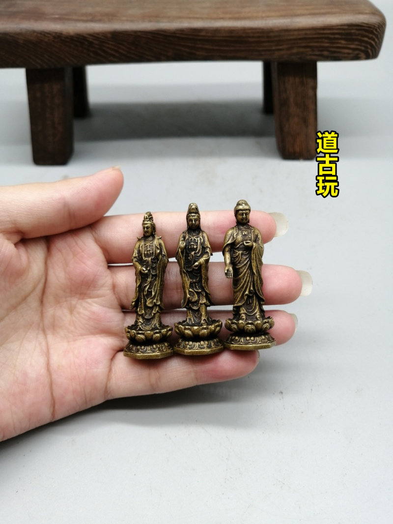 Pure copper solid pocket Western three saints Amitabha Buddha ornament copper sculpture Buddha statue pocket Buddha mini table placed antique copper
