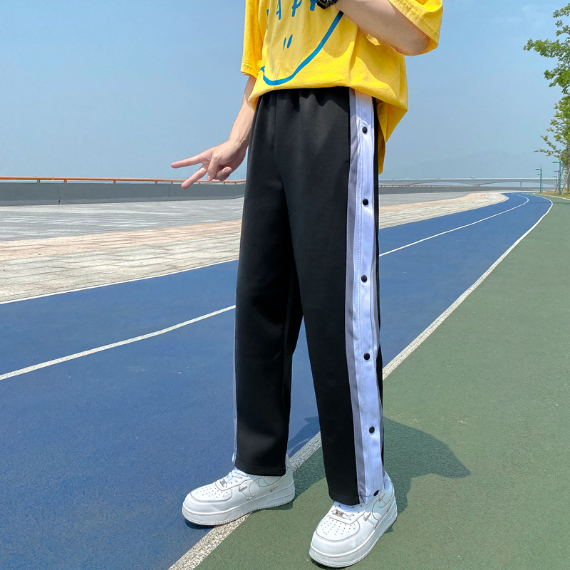Sports Style Straight-Leg Buttoned Pants for Men, Summer Thin Loose Basketball Training Pants, Black Side-Button Full-Open Casual Pants