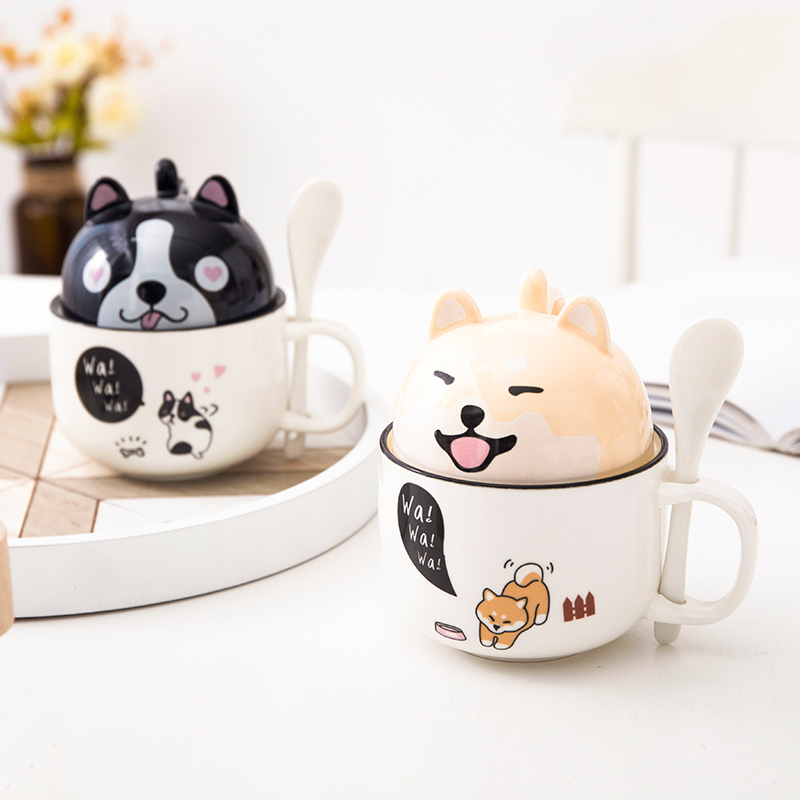 ins TikTok Red Ceramic Cup Dog Cat Pig Cute Girl Large Capacity Mug Couple Ceramic Lid Spoon