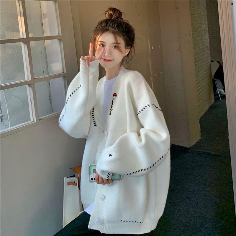 Selling Cute Champion's High-End and Super Good-Looking Knitwear Jacket for Women's Autumn and Winter Outer Wear Loose Lazy Style Mid-Length Knitwear