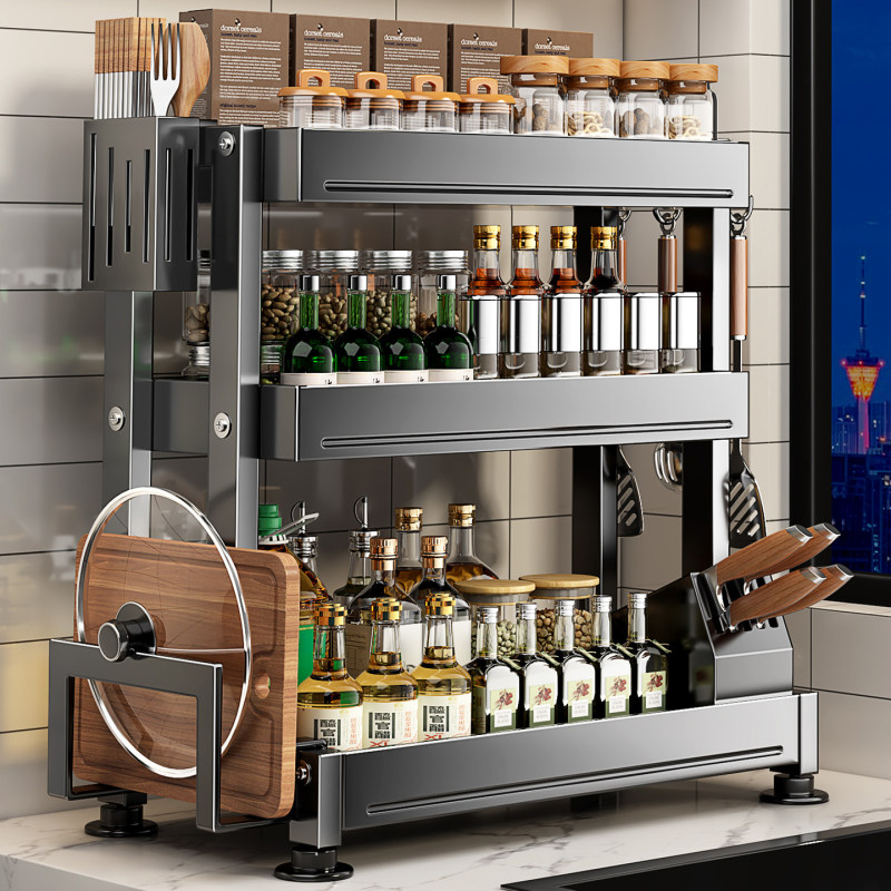 Japanese Imported Kitchen Seasoning Storage Rack, Multifunctional Countertop Organizer for Oil, Salt, Sauce, Vinegar, and Seasoning Bottles, Multi-Layer Storage