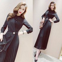 Spring new fashion temperament black dress feminine slim fit fake two piece stitching waist pleated long skirt