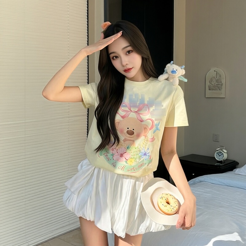 Sweet and Cute Style Butterfly and Bear Cartoon Print Short-Sleeved Women's Summer Loose and Versatile Casual Age-Reducing Cotton Top Sweet and Cute Style Butterfly and Bear Cartoon Print Short-Sleeved Women's Summer Loose and Versatile Casual Age-Reducing Cotton Top