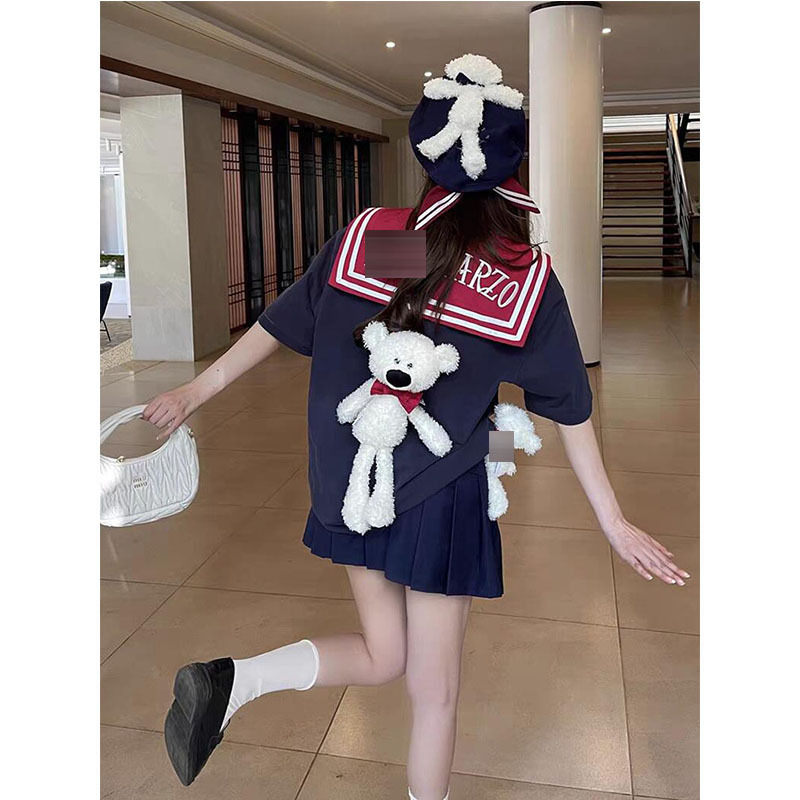 Youthful Age-Reducing Preppy Style Navy Collar Casual Fashion Suit Women's Niche Contrasting Color Stereo Doll Top Skirt