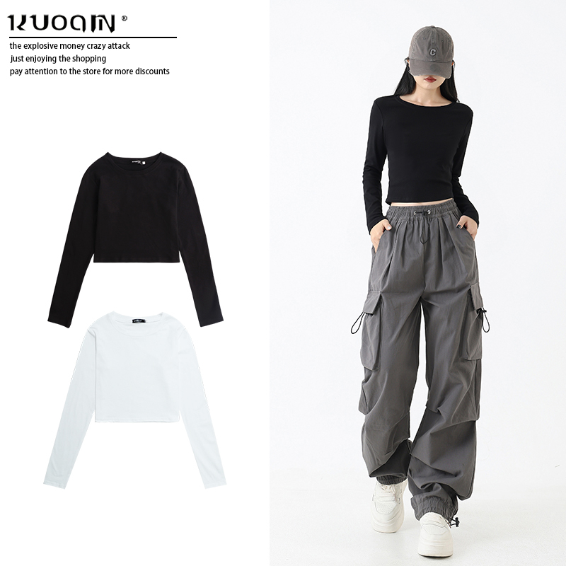 Spring and Autumn Short T-Shirt for Women, Long-Sleeved, Slim Fit, Flattering, Suitable as an Inner Layer or Paired with Cargo Pants