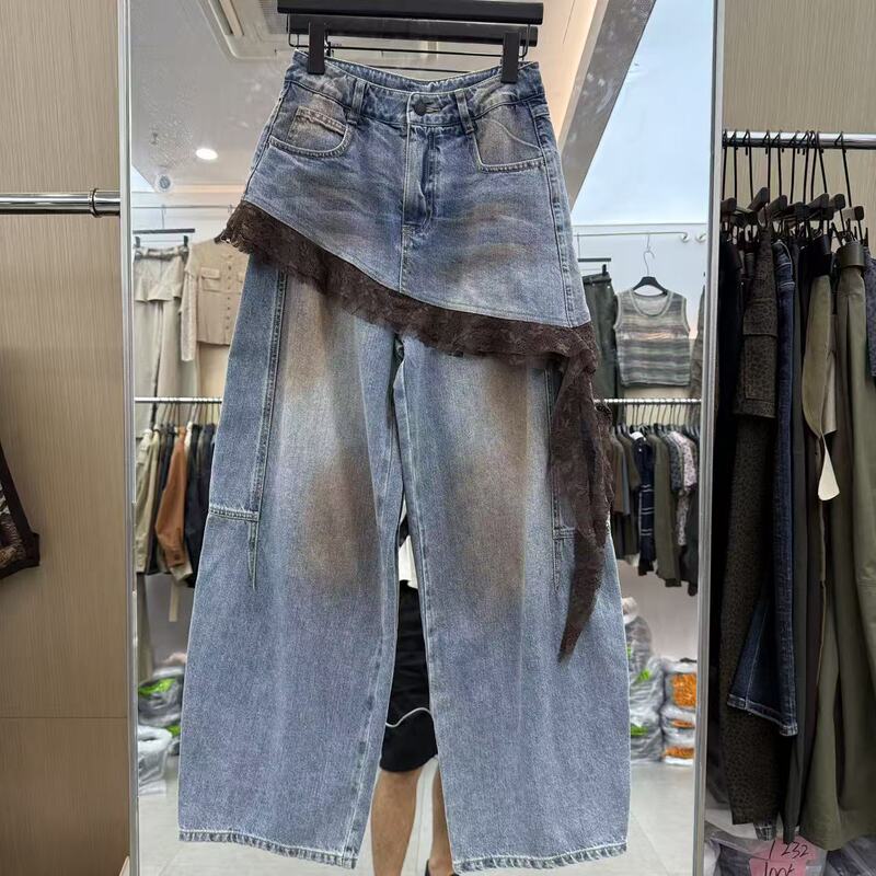 European Station 2026 Early Autumn New Lace Patchwork Flared Jeans for Women, Slimming Versatile Wide-Leg Pants 26026