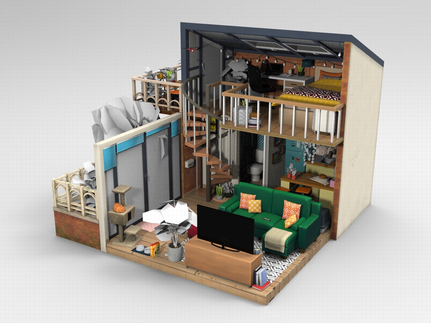 C4D低面卡通微缩场景FBX双层loft风格STL迷你住宅OBJ客厅卧室素材-cg男孩