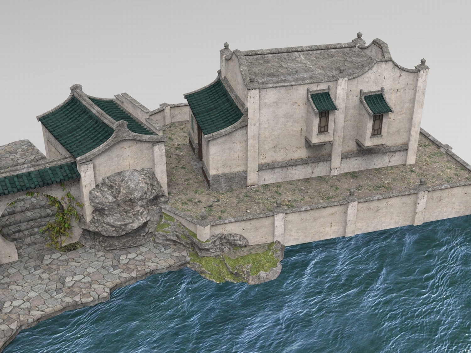 C4D传统民居群落FBX青瓦白墙OBJ石板路Blender石桥Maya场景3D素材-cg男孩