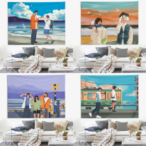 Hand Painted Cartoon Illustrated Background Cloth Bedside Decor Minimalist Dorm Room Wallpaper Tapestry