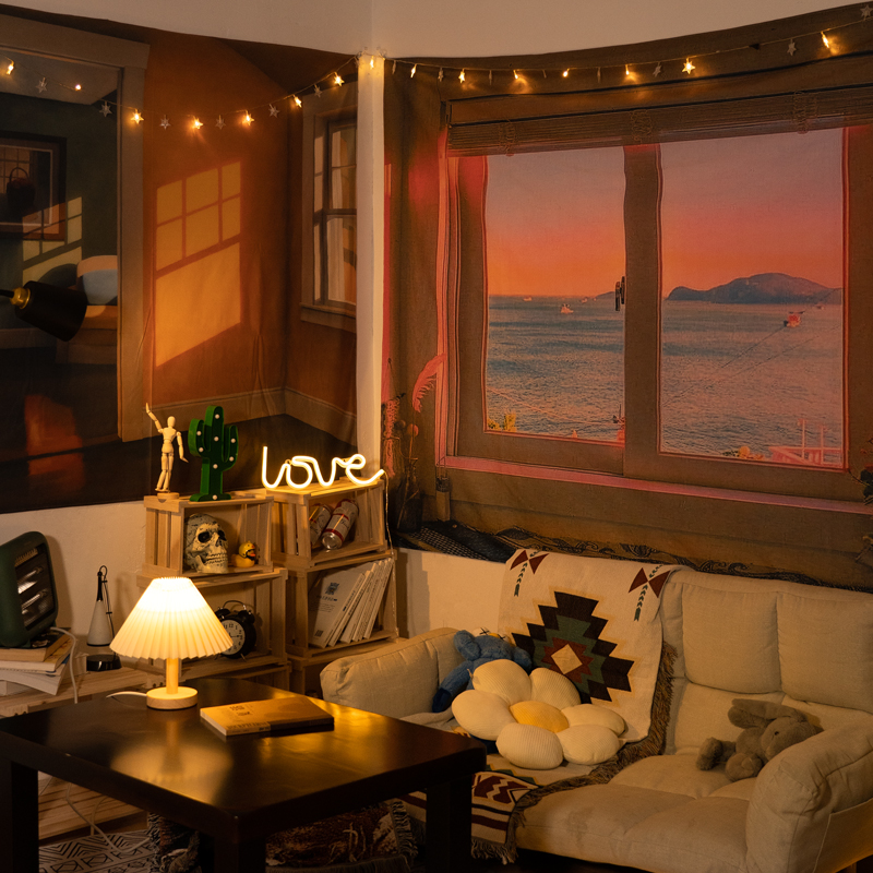 Sea view window background cloth ins wind fresh bedroom bedside hanging cloth dormitory rental house renovation homestay decorative wall cloth