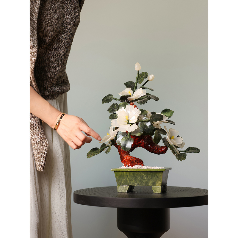 Chinese-Style Afghan Jade Peony Tabletop Bonsai Ornament, Niche High-End Living Room Entrance Decoration Gift