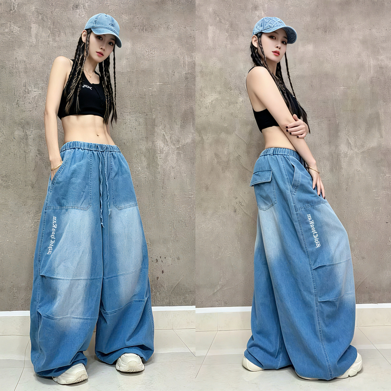 Shichao Kang American-Style Embroidered Loose Jazz Dance Drawstring Wide-Leg Casual Pants Denim Wide-Leg Pants for Street Dance