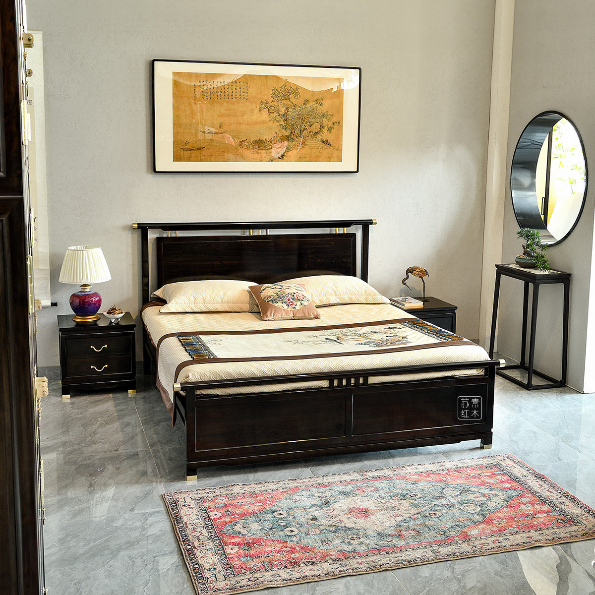 Su Su Su Ming Redwood Furniture Purple sandal Sino - style Double Wood Bed 1 8 m black acid branch master bedroom wedding bed