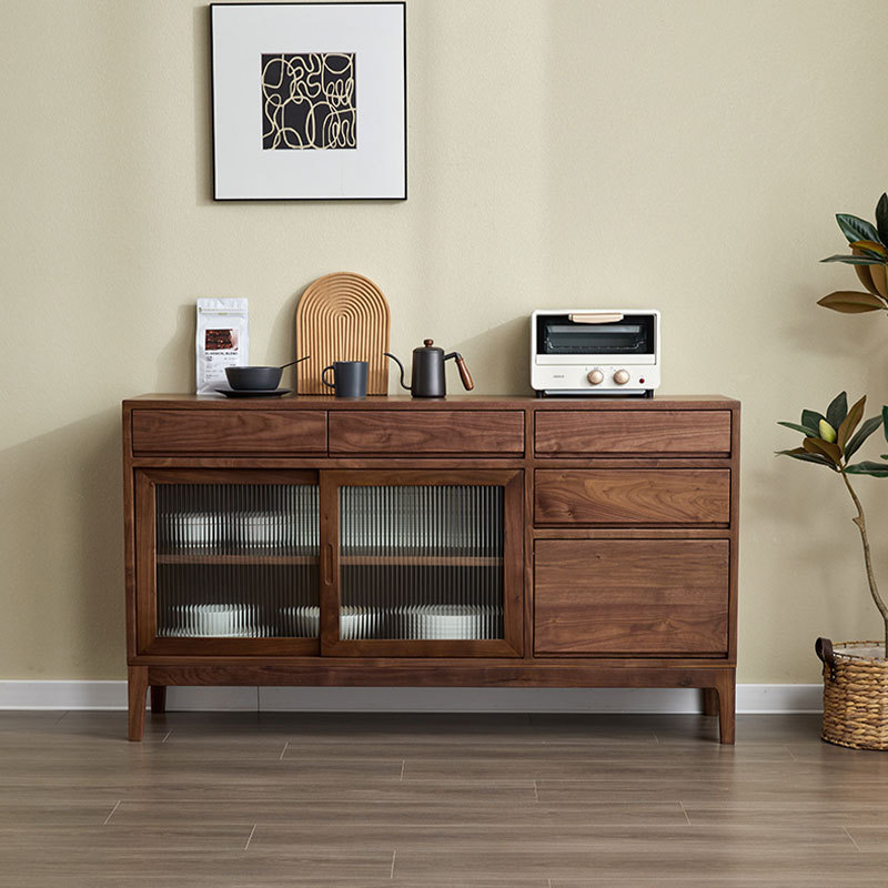 North American Black Walnut Sideboard, Modern Minimalist Style, Changhong Glass Storage Cabinet, New Chinese Style Solid Wood Tea Cabinet
