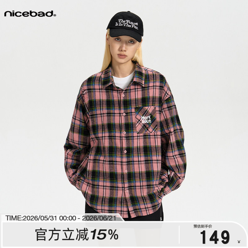 [Official Authentic] Nicebad Embroidered Distressed Pink Plaid Shirt Unisex American Style