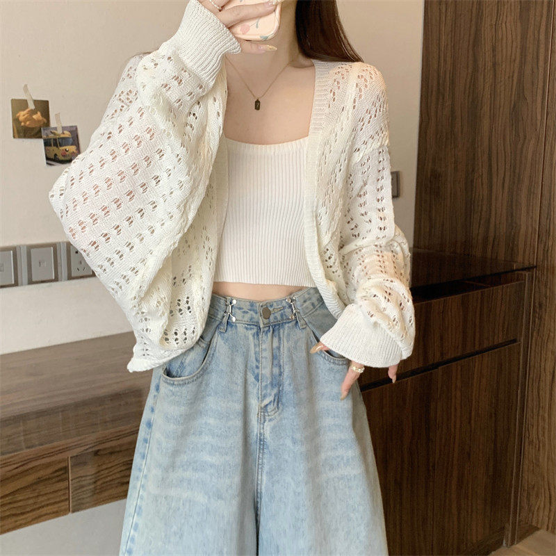 Solid Color Sun Protection Cool Cardigan for Women, Summer 2026 New Style, Hollow-Out Knit Shawl, Slip Dress Cover-Up, Short Top