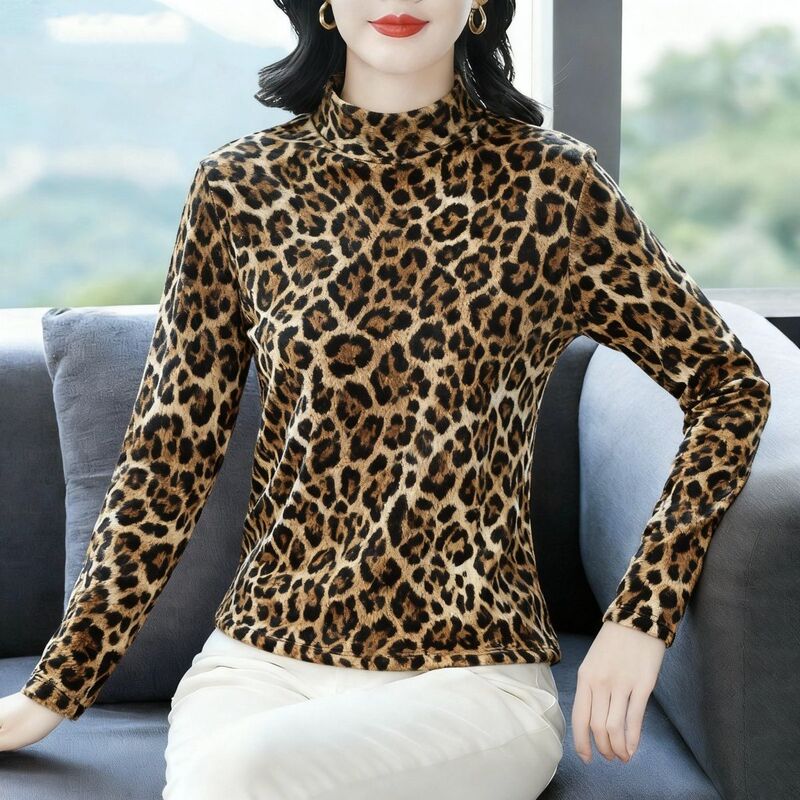 Autumn and Winter American Retro Leopard Print Stylish Loose Casual Half-High Collar Versatile Base Shirt Long-Sleeve T-Shirt Top for Women