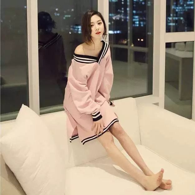 Bộ đồ ngủ cotton dài tay mùa xuân và mùa thu của phụ nữ mặc nhà phụ nữ lỏng lẻo cổ chữ v đồ ngủ cotton sexy mặc ở nhà giản dị - Đêm đầm