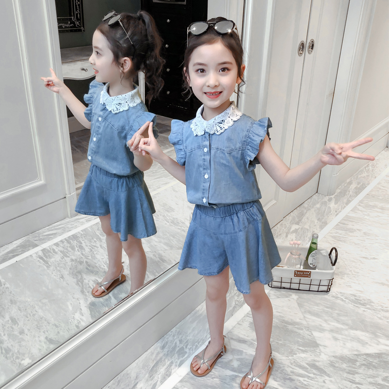 3 Trẻ em 4 cô gái Summer Outfit 5 mùa hè 2020 mới 6 Stylish 7-Phong cách ngắn tay Kids Denim dress 8 năm Cũ.