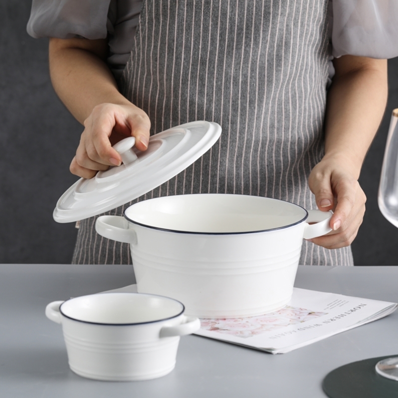 Covered Bowl Ceramic Bowl with lid Sub-cute Korean version ins Nordic style handlebar bowls Bubbling Noodles Bowl Big large capacity