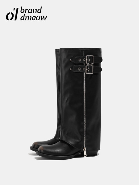 Black knee-high leather boots with side zippers and buckle straps