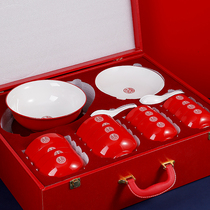 Relief hi 32 head tableware set wedding double happiness bowl chopsticks spoon household red wedding supplies pair bowl wedding gift