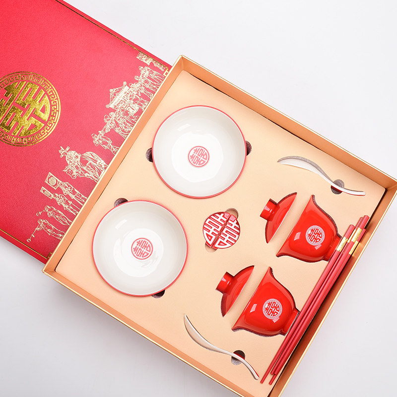 Wedding bowl chopsticks couple table chopsticks a pair of ceramic toast tea cup set red wedding supplies pair bowl wedding gift