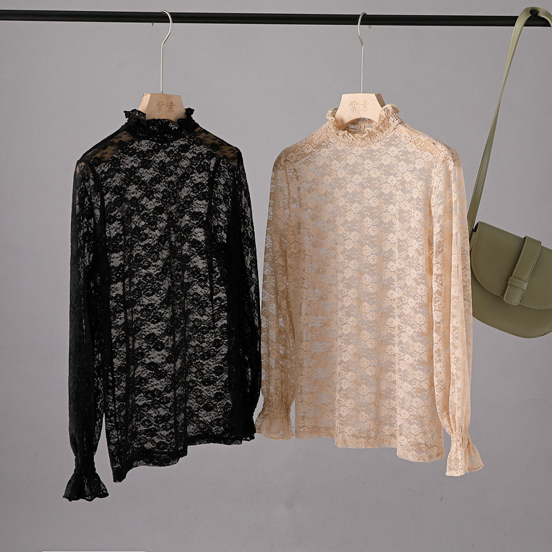 Zisu South Korea Dongdaemun soft lace bottoming shirt women's long-sleeved high-neck mesh top slim elastic yarn