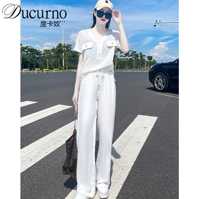Ducurno Short Sleeve Sports Suit Woman 2022 New White Fashion Foreign Pie Casual Wide Pants Two Sets