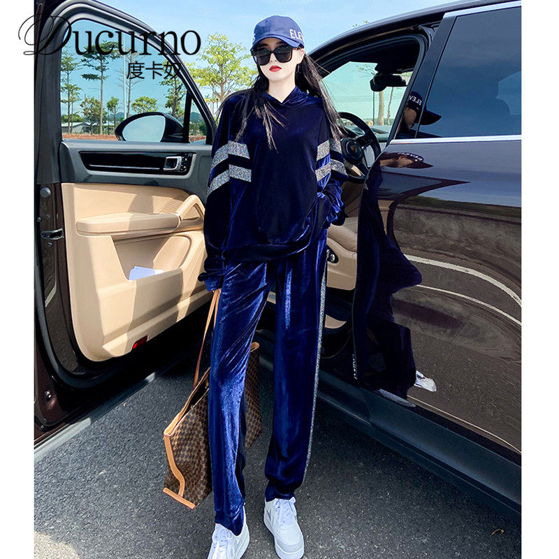 Ducurno 22 spring and autumn new fashion gold velvet casual sportswear suit loose and lazy wind two-piece set